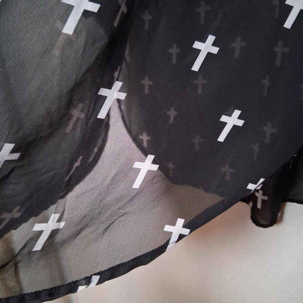 Wet Seal Holy Cross Blouse XL Black Sheer Roll Tab Sleeve Emo Goth Religious - Picture 12 of 14